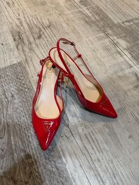 GUESS Red Patent Pointed Slingback Heels with Logo
